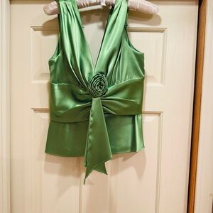 Jessica Howard Green Satin Blouse with Floral Accent